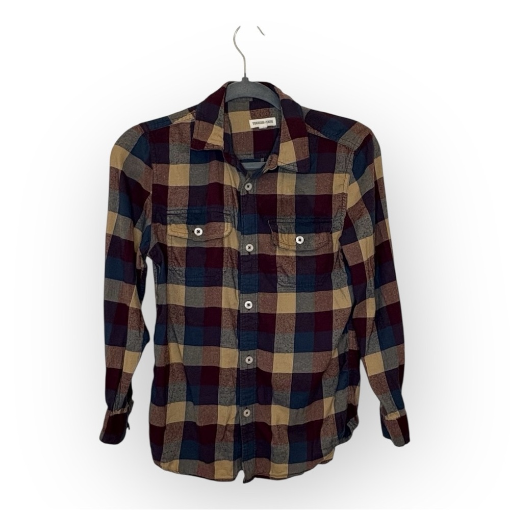 Tucker + Tate Boys Burgundy Red Navy Tan Plaid Flannel Button Down Shirt 10/12